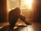 Versículos sobre depressão: pessoa em oração com Bíblia aberta e luz dourada pela janela