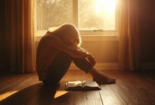 Versículos sobre depressão: pessoa em oração com Bíblia aberta e luz dourada pela janela