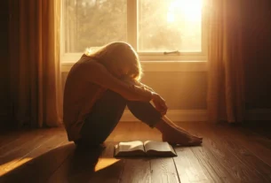 Versículos sobre depressão: pessoa em oração com Bíblia aberta e luz dourada pela janela
