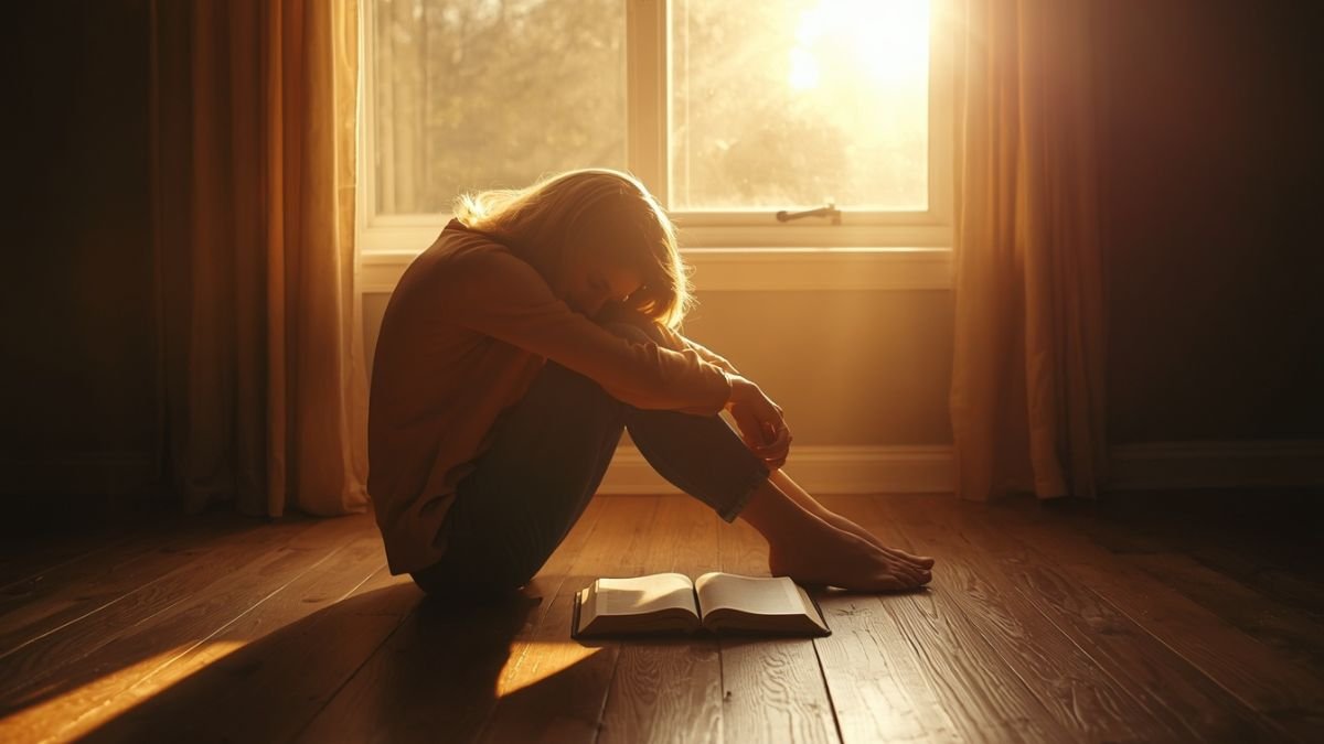 Versículos sobre depressão: pessoa em oração com Bíblia aberta e luz dourada pela janela