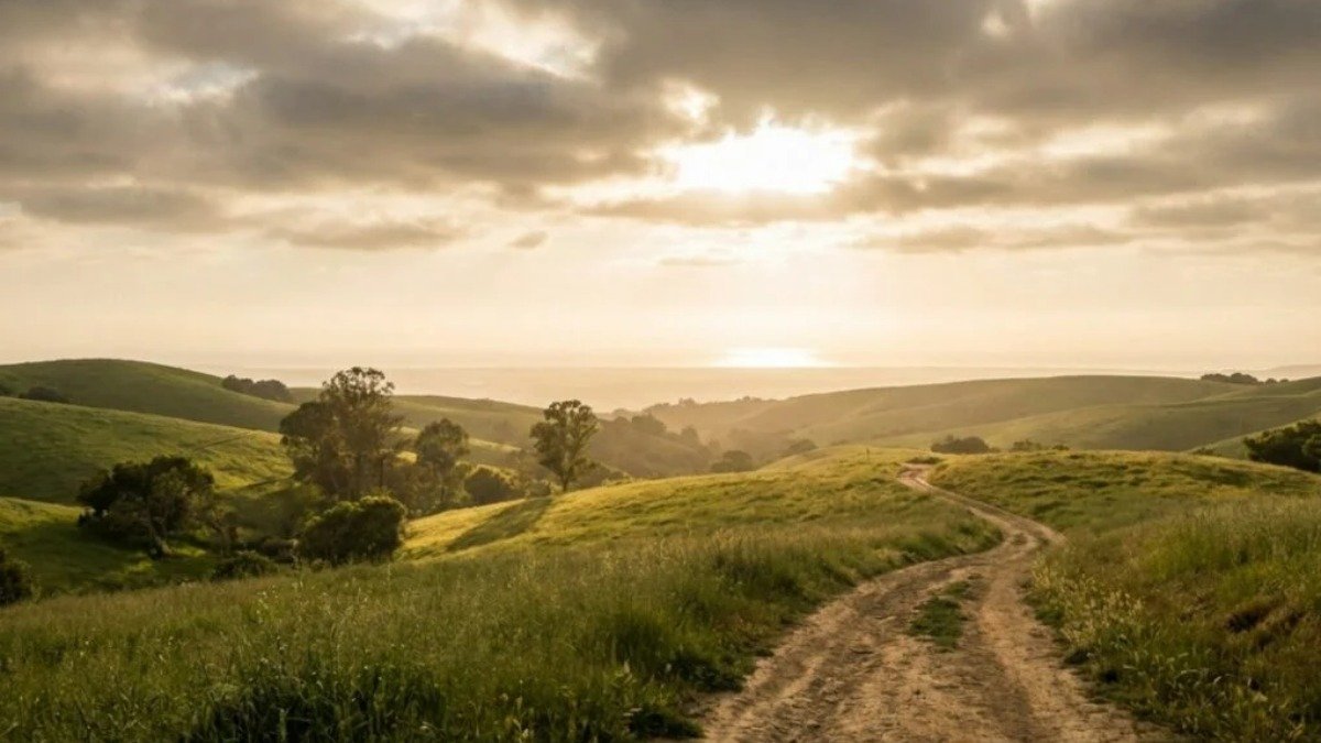 Caminho em colina verde sob luz do amanhecer simbolizando a esperanca deixada pelo legado de Jesus Cristo