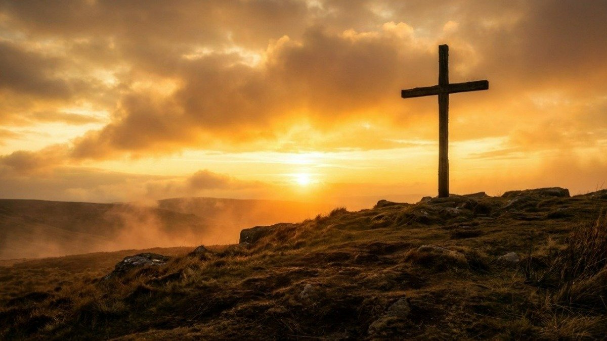 Silhueta de cruz de madeira no topo de uma colina ao entardecer representando a vida de Jesus Cristo