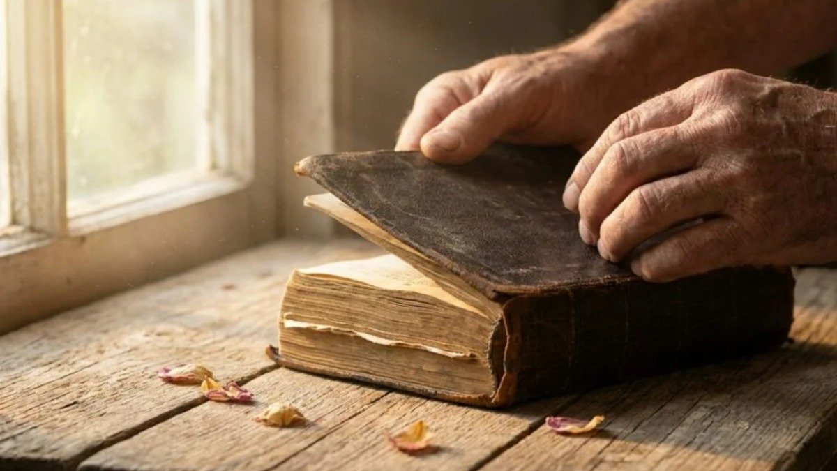 Maos abrindo uma Biblia antiga simbolizando o inicio da jornada para conhecer a vida de Jesus Cristo