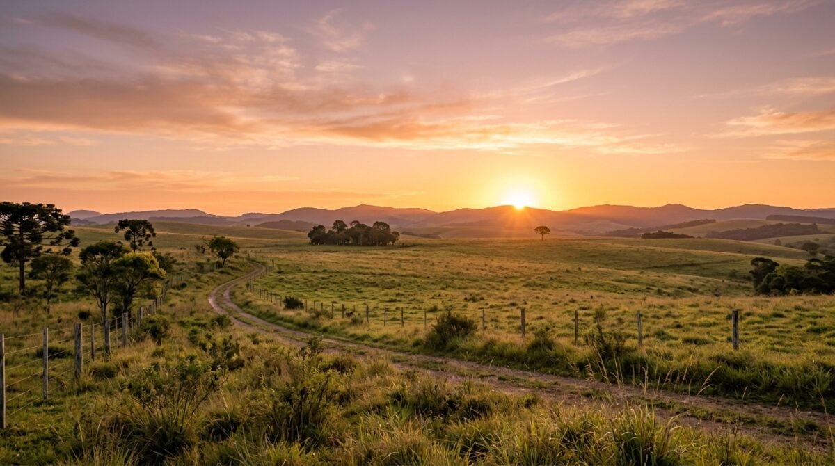 Paisagem brasileira ao amanhecer com luz dourada no horizonte