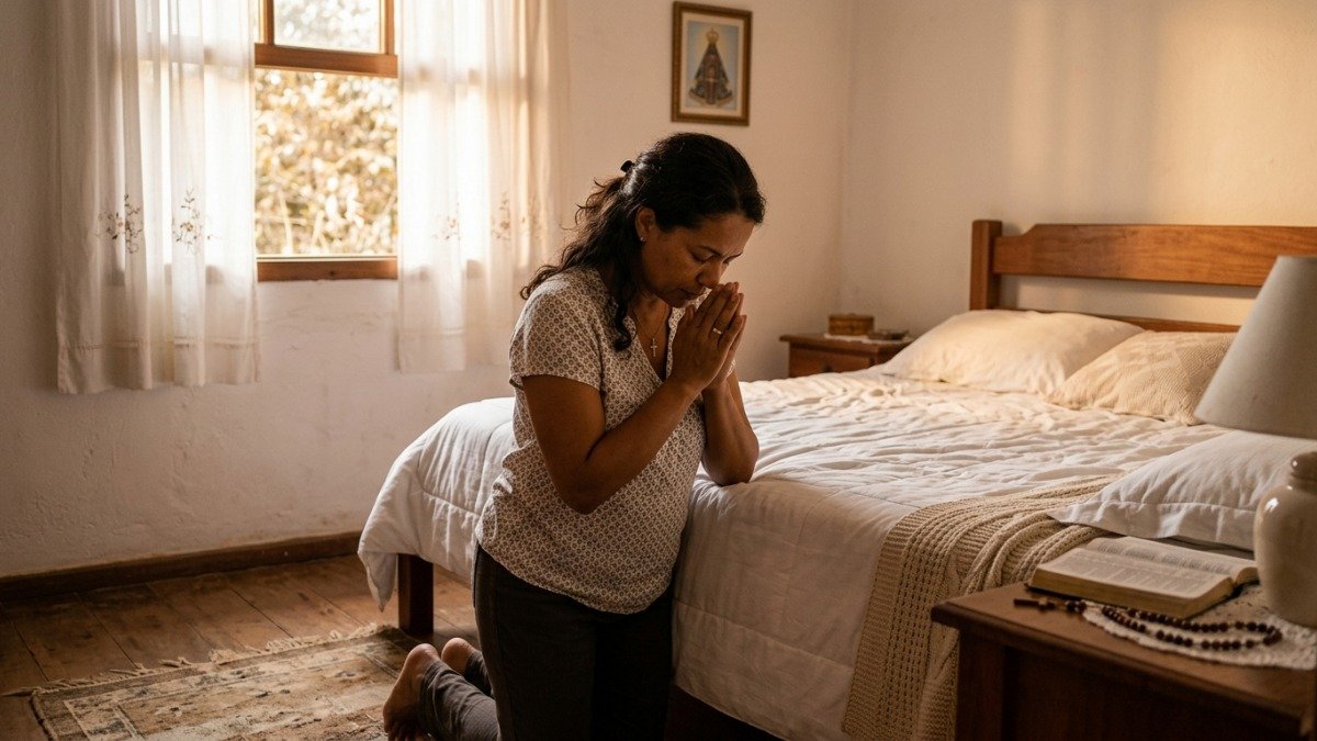 Mulher ajoelhada em oração ao lado de janela, invocando Adonai