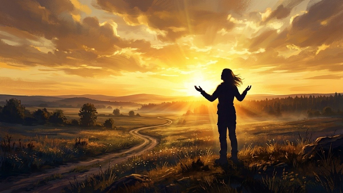 Pessoa diante de nascer do sol dourado, adorando a Adonai como Senhor