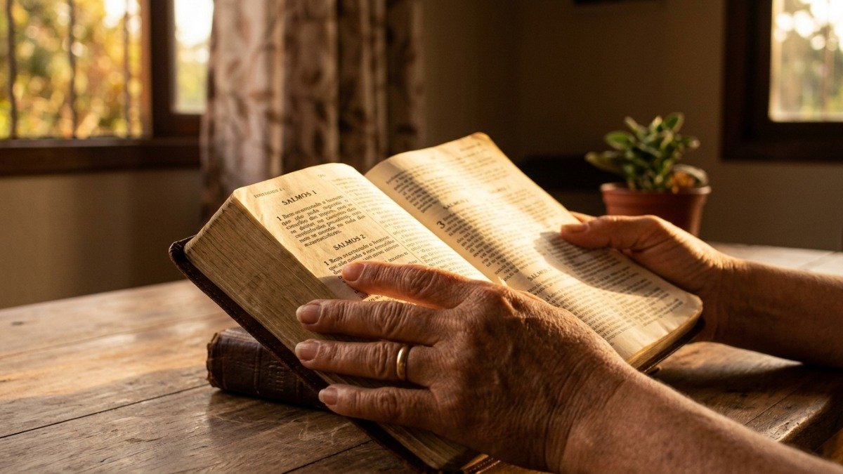 Mãos femininas segurando Bíblia aberta, meditando no nome Adonai