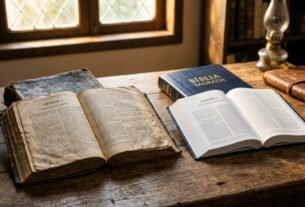 Duas bíblias abertas sobre mesa de madeira com luz dourada, simbolizando o Antigo e o Novo Testamento
