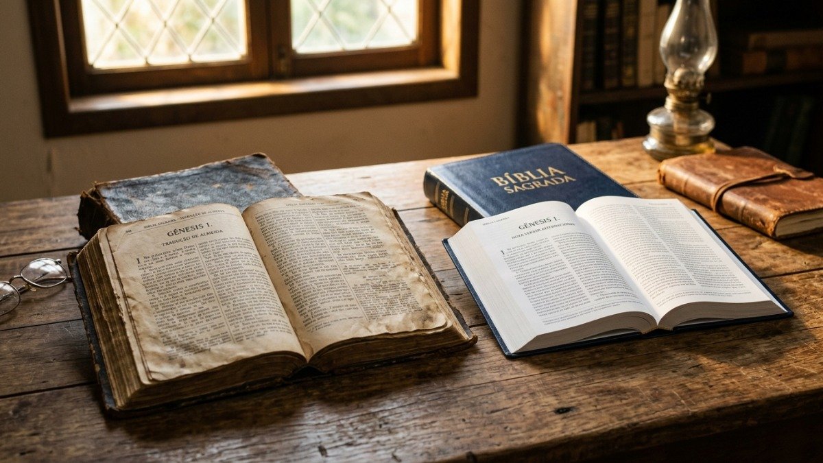Duas bíblias abertas sobre mesa de madeira com luz dourada, simbolizando o Antigo e o Novo Testamento