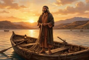 Pescador em um barco ao amanhecer representando a vida de Pedro antes de seguir Jesus