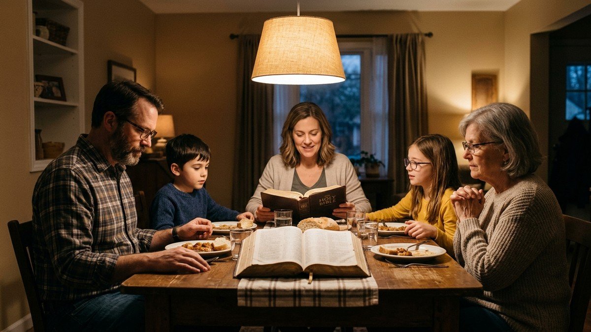 Família reunida à mesa de jantar simples com Bíblia aberta ao centro