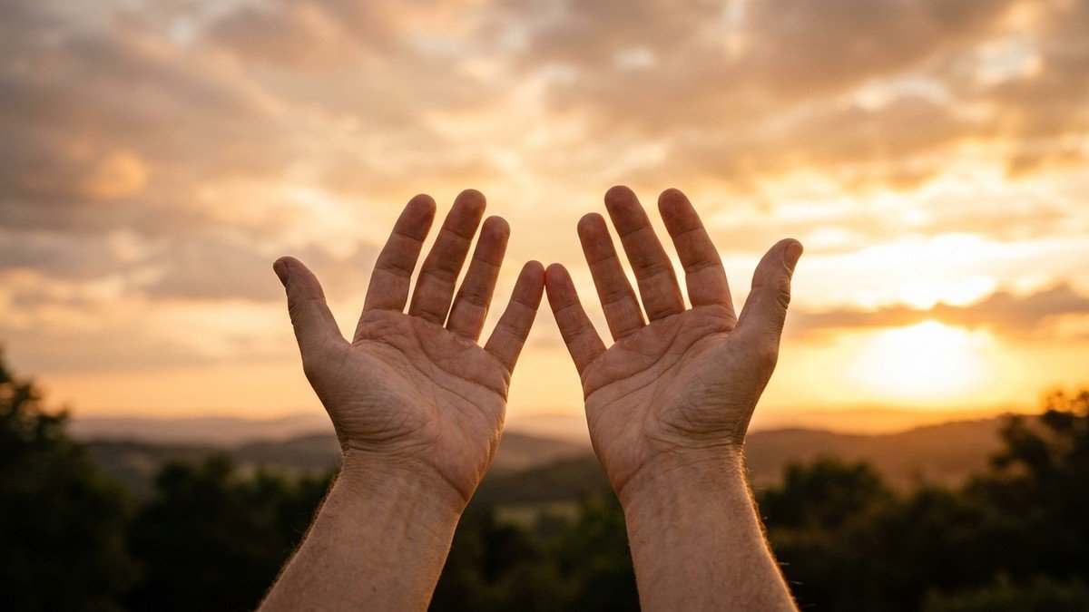 Mãos abertas voltadas para cima contra um céu dourado ao entardecer