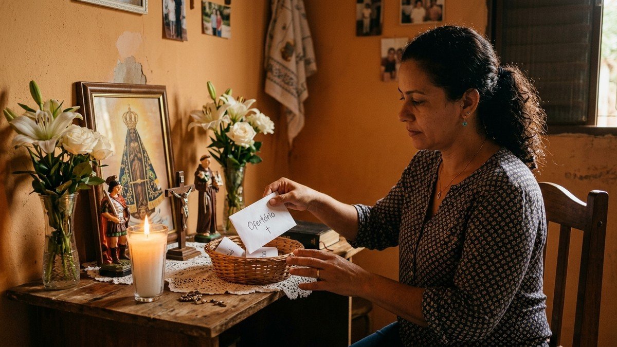 Mulher colocando envelope de oferta em cesta simples ao lado de vela acesa