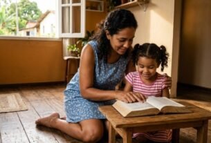 Mãe brasileira ensinando a Bíblia para sua filha pequena em casa, ambiente acolhedor com luz natural