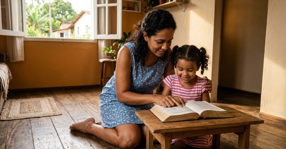 Mãe brasileira ensinando a Bíblia para sua filha pequena em casa, ambiente acolhedor com luz natural