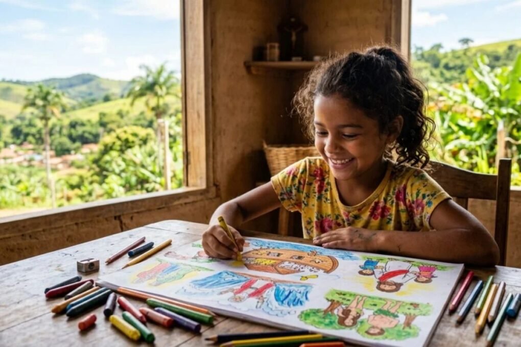 Criança brasileira desenhando personagens bíblicos coloridos com lápis de cor na mesa