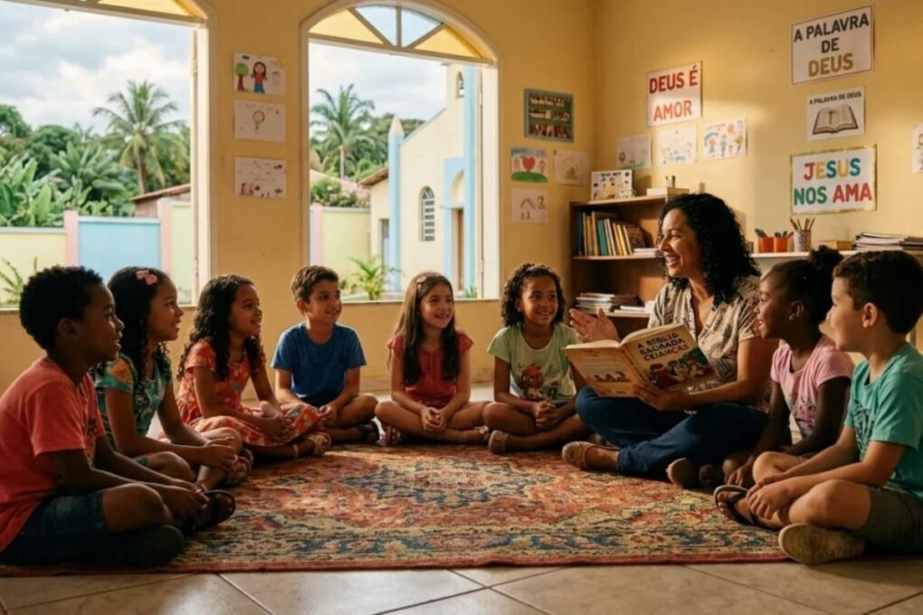 Crianças brasileiras em círculo na escola dominical aprendendo sobre a Bíblia com a professora