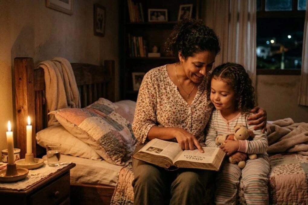 Mãe brasileira lendo a Bíblia Sagrada para a filha na cama à luz de vela
