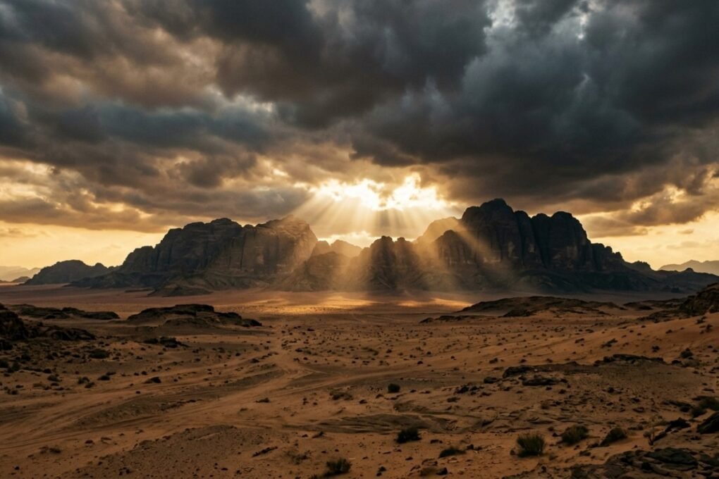 Paisagem de deserto árido com raios de luz dourada entre nuvens escuras, simbolizando as profecias bíblicas