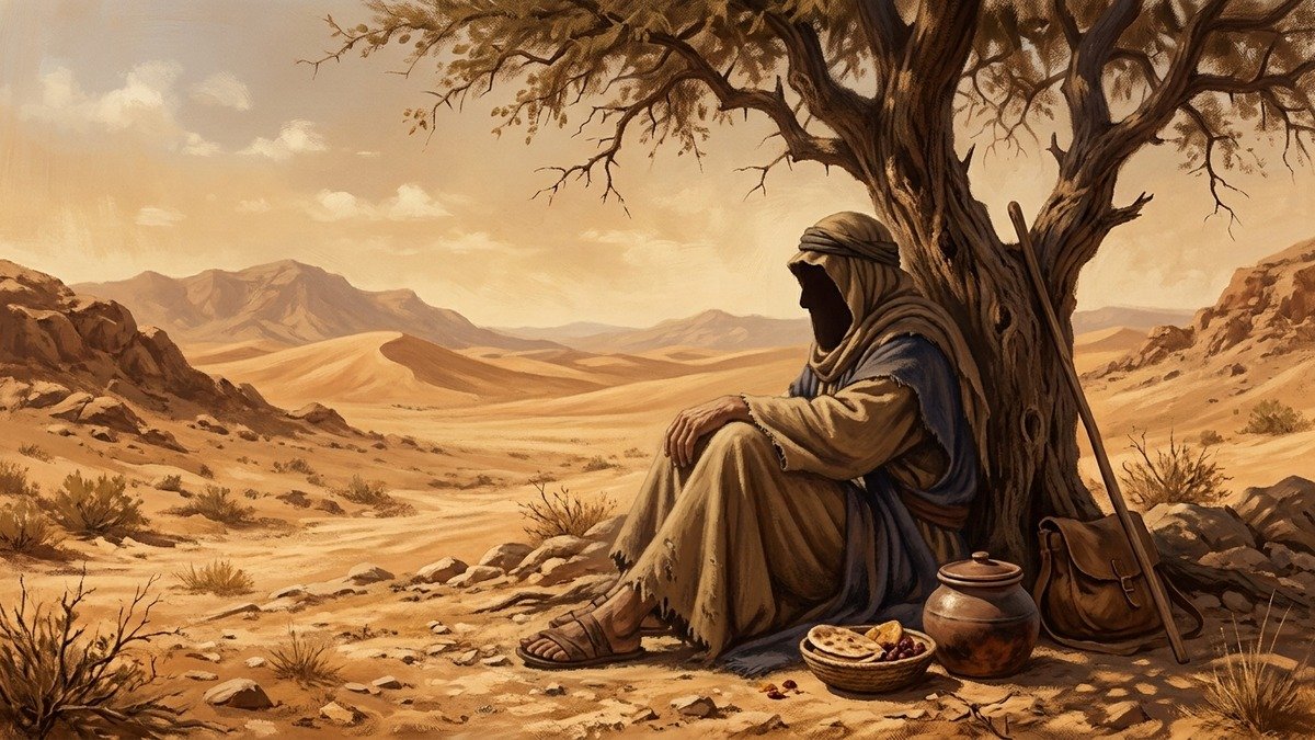 elias exausto no deserto sob a árvore