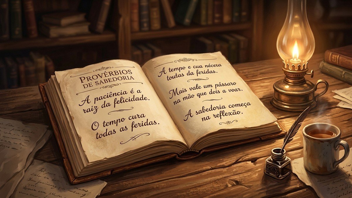 Livro antigo com texto manuscrito ao lado de lamparina acesa sobre mesa de madeira