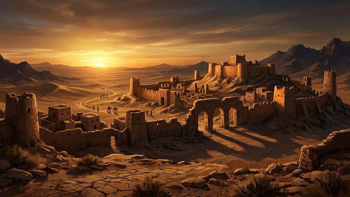 Pôr do sol dourado sobre ruínas antigas no deserto