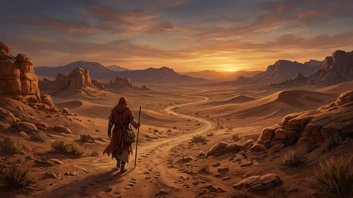 Jacó caminhando pelo deserto seco fugindo de casa