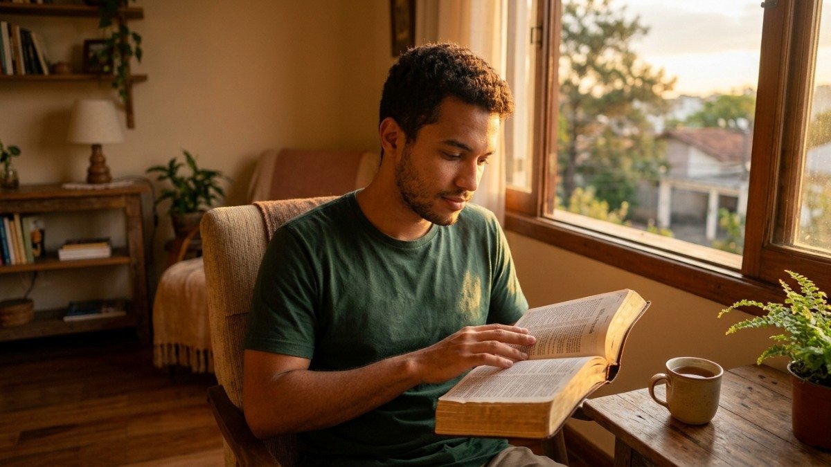 Jovem brasileiro lendo o livro de Isaías com luz dourada da tarde