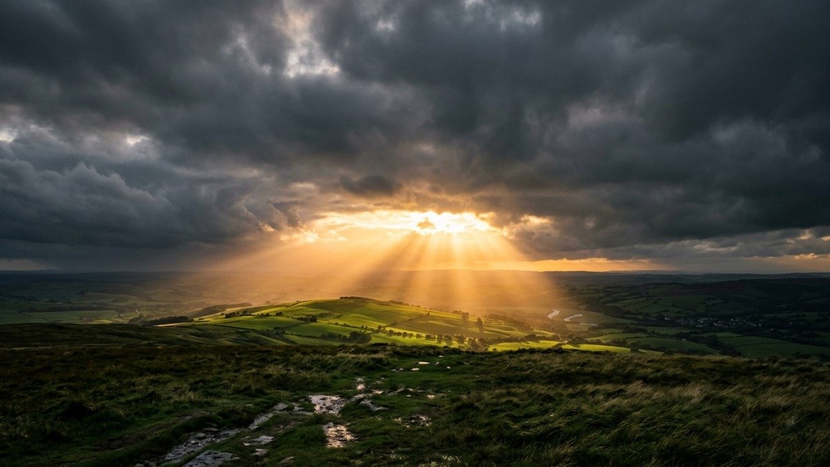 Amanhecer dourado rompendo nuvens escuras simbolizando esperança profética