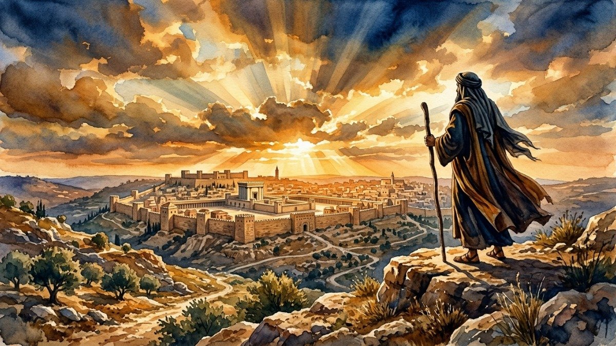 Profeta Isaías de costas contemplando Jerusalém com céu dourado dramático