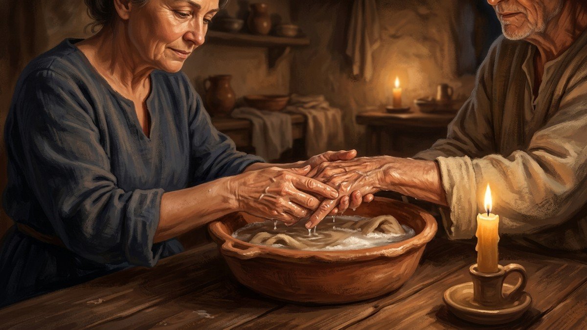 Mãos lavando outras mãos em bacia simples de barro à luz de velas