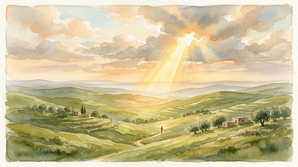 Nascer do sol sobre colinas verdes com raio de luz dourada, simbolizando esperança