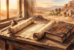 Bíblia aberta e pergaminho antigo sobre mesa de madeira com luz dourada, ilustrando o Evangelho de Mateus