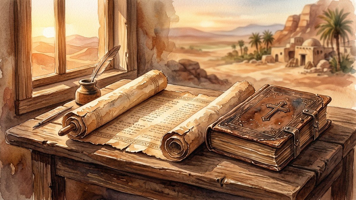 Bíblia aberta e pergaminho antigo sobre mesa de madeira com luz dourada, ilustrando o Evangelho de Mateus