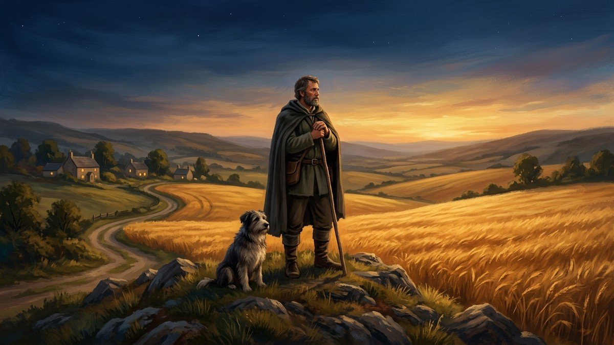 Pastor observando campo de trigo dourado ao entardecer, simbolizando o Reino de Deus