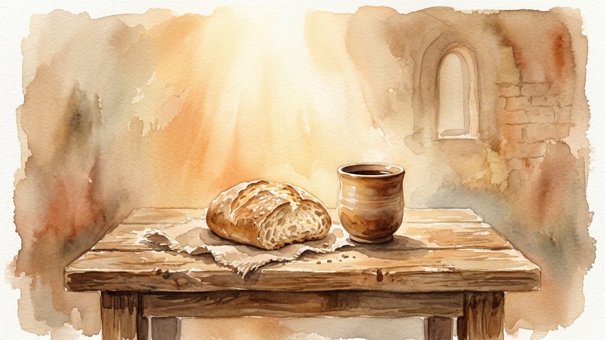 Luz suave sobre mesa com pão simbolizando a graça e comunhão no evangelho de Lucas
