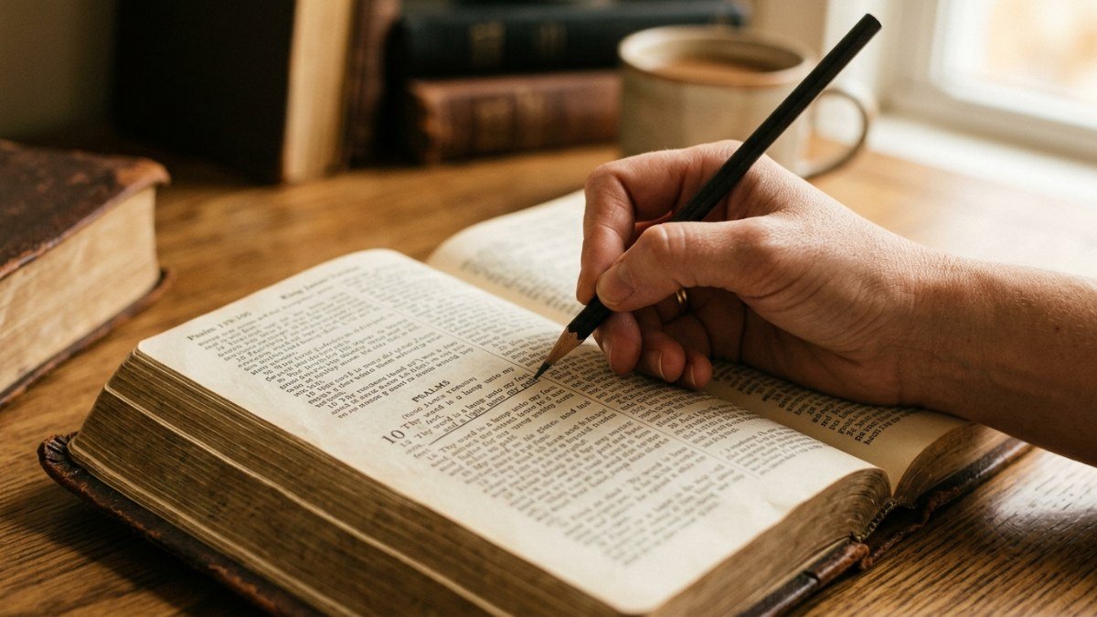 Mão sublinhando um versículo na Bíblia durante o estudo