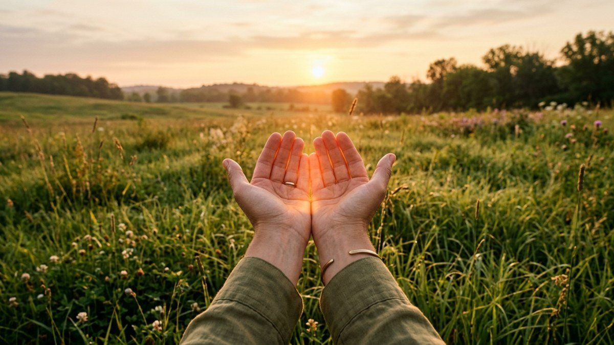 Mãos abertas recebendo a luz do sol em um campo aberto