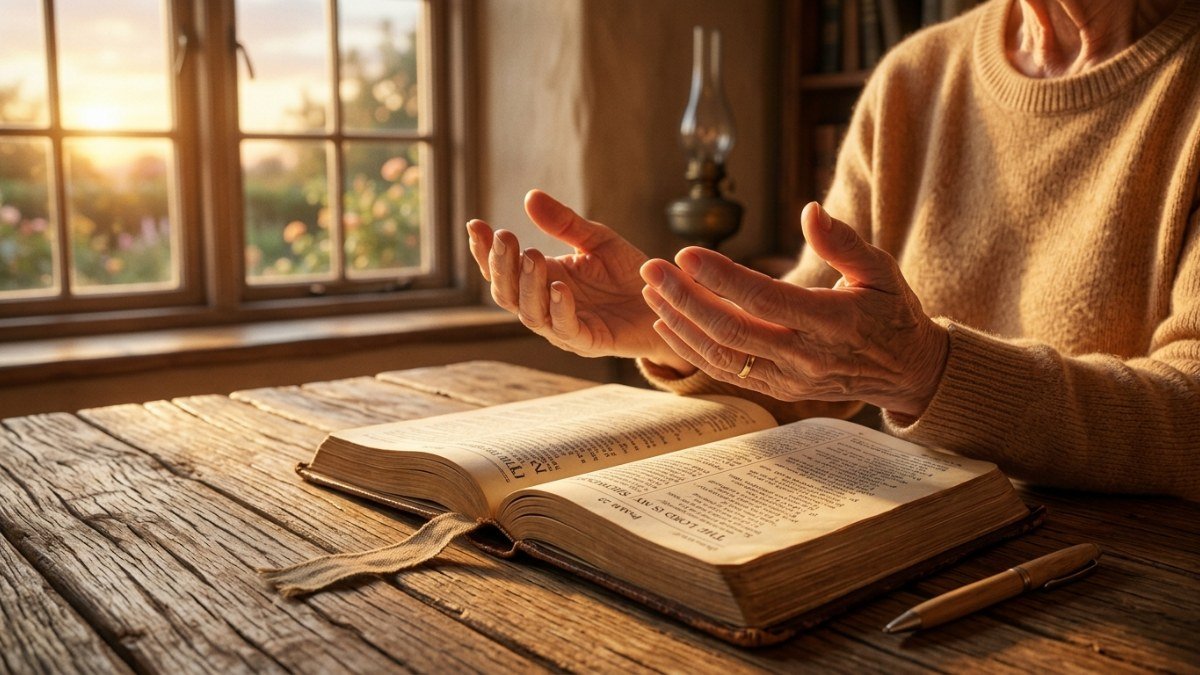 Mãos em oração sobre a Bíblia aberta em um momento de devoção pessoal
