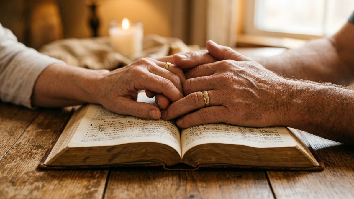 Mãos segurando a Bíblia sobre a mesa representando a leitura em casal