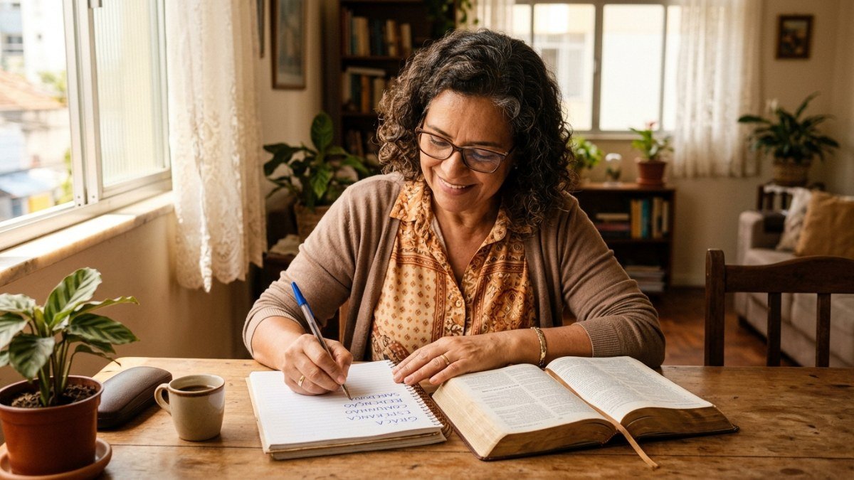 Mulher brasileira escrevendo palavras da Bíblia em um caderno de estudo