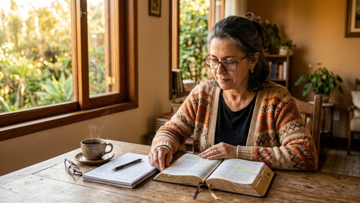 Mulher estudando a Bíblia à mesa aplicando técnicas de memorização