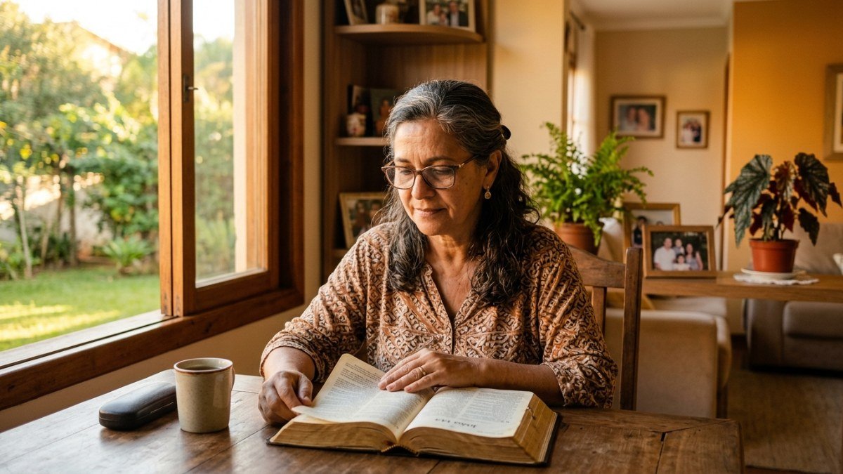 Mulher brasileira lendo a Bíblia em casa refletindo sobre a história de Jacó
