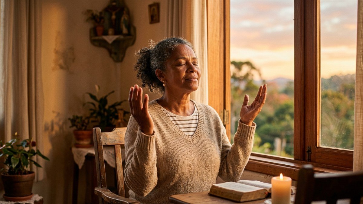 Mulher orando com as mãos levantadas ao nascer do sol