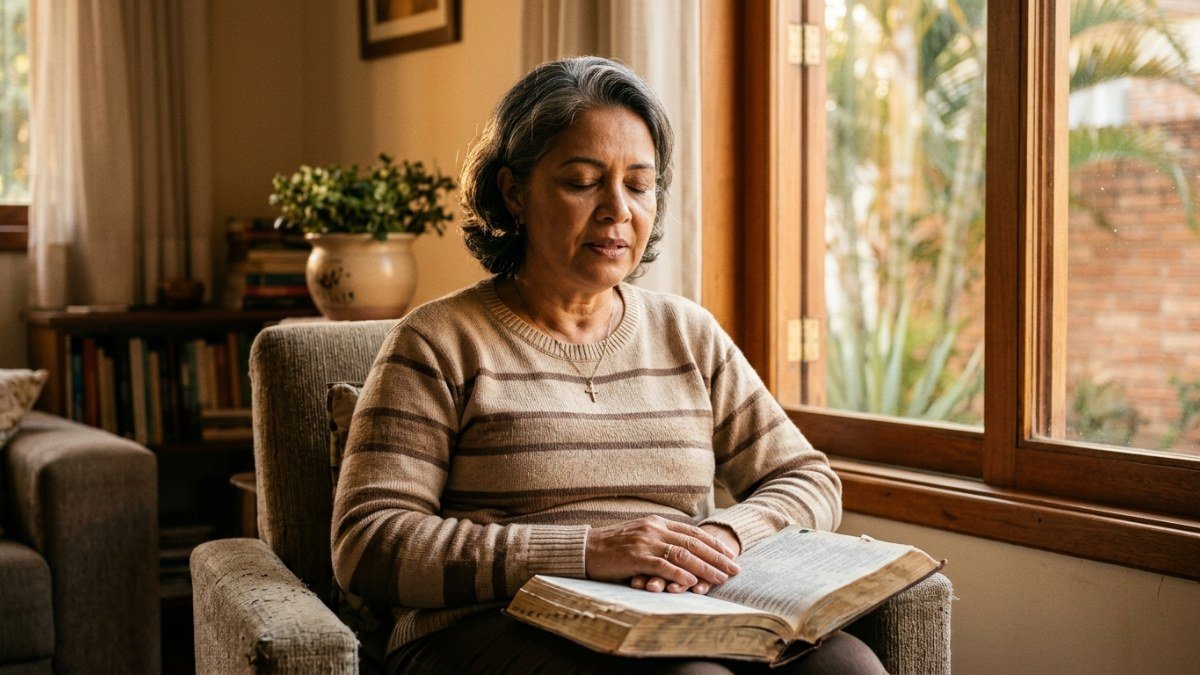 Mulher recitando um versículo de memória com a Bíblia nas mãos