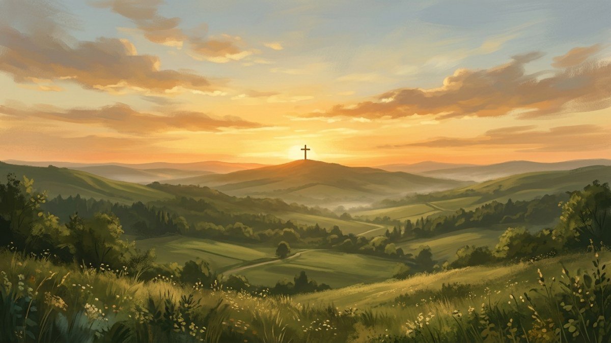 Nascer do sol dourado sobre colinas verdes com uma cruz ao fundo
