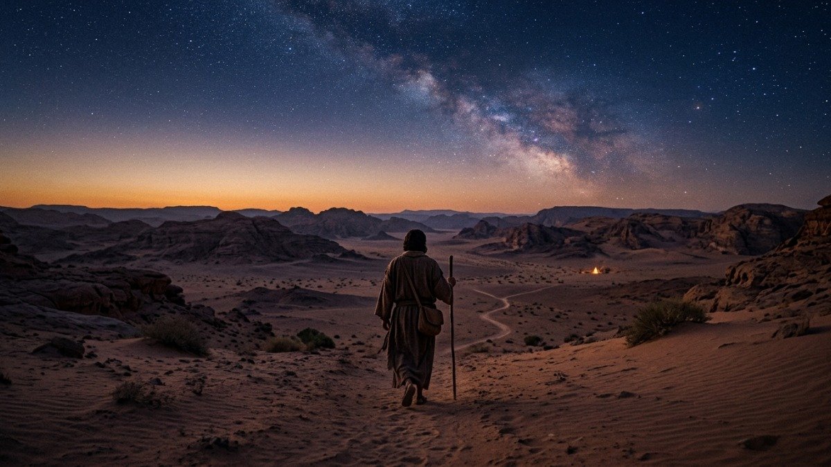 Figura solitária caminhando pelo deserto ao entardecer sob céu estrelado evocando os 40 dias bíblicos de provação e transformação