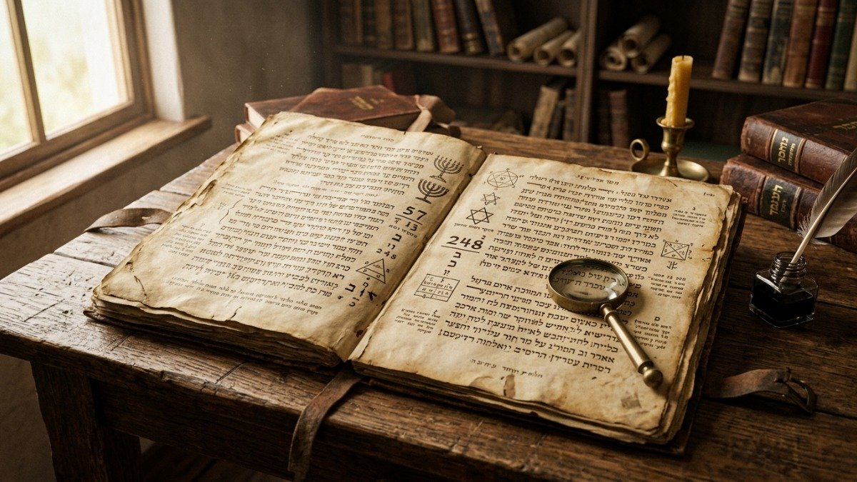 Manuscrito hebraico antigo aberto sobre mesa de madeira com luz dourada revelando números e símbolos sagrados