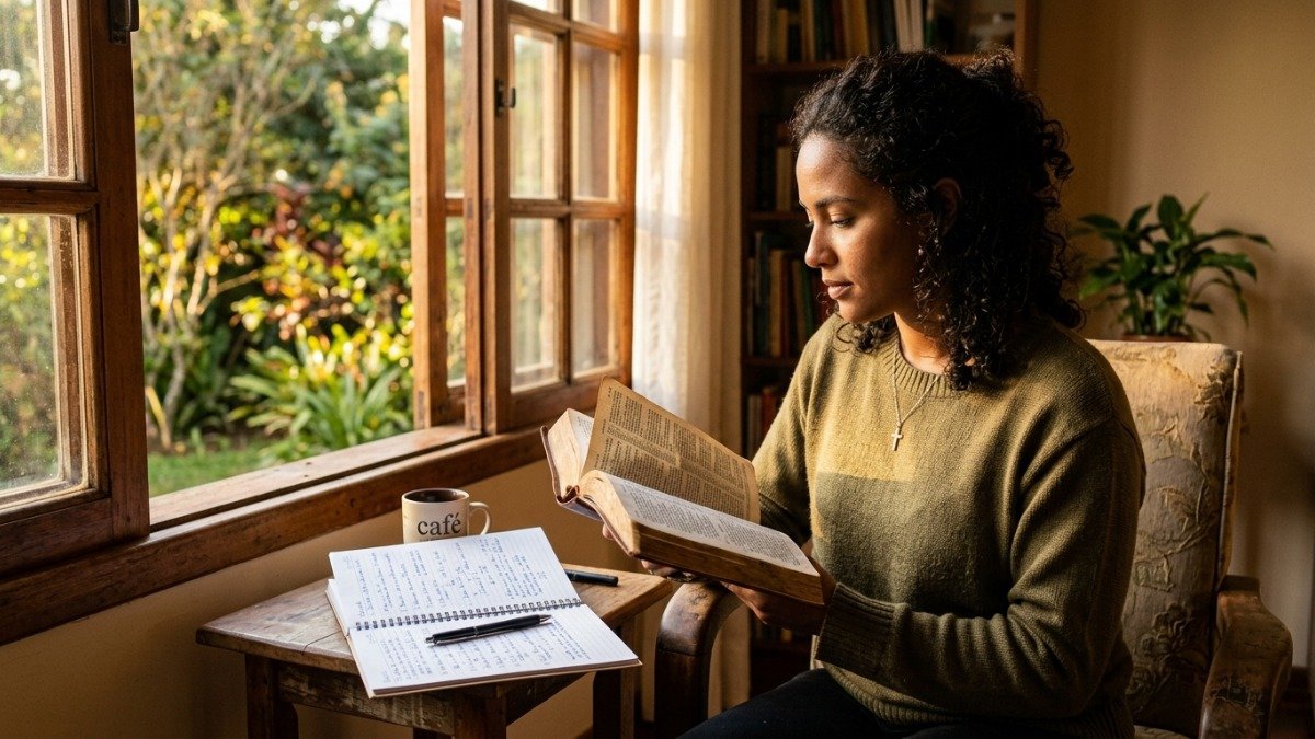 Mulher brasileira lendo a Bíblia junto à janela com luz natural da tarde e anotações com números bíblicos ao lado em atmosfera contemplativa