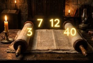 Scroll hebraico antigo com os números bíblicos 3 7 12 e 40 brilhando em dourado sobre uma mesa com velas acesas